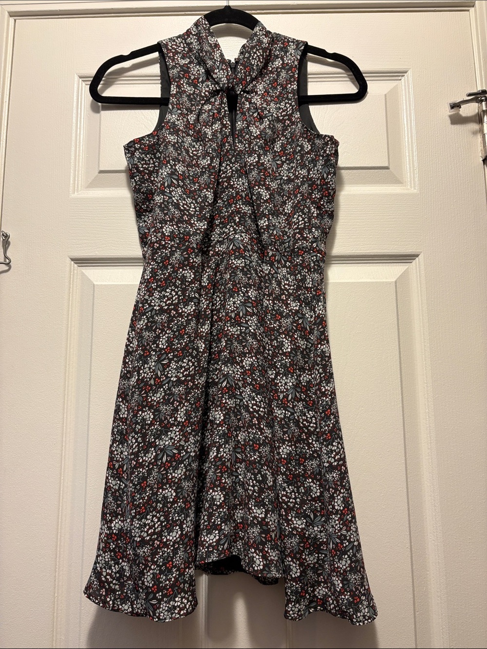 Sleeveless Black Floral Tie-Neck Dress